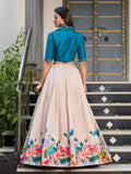 Stylish Cream Floral Printed Tussar Silk Festive Wear Crop Top With Lehenga
