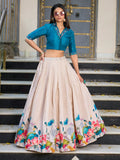 Stylish Cream Floral Printed Tussar Silk Festive Wear Crop Top With Lehenga