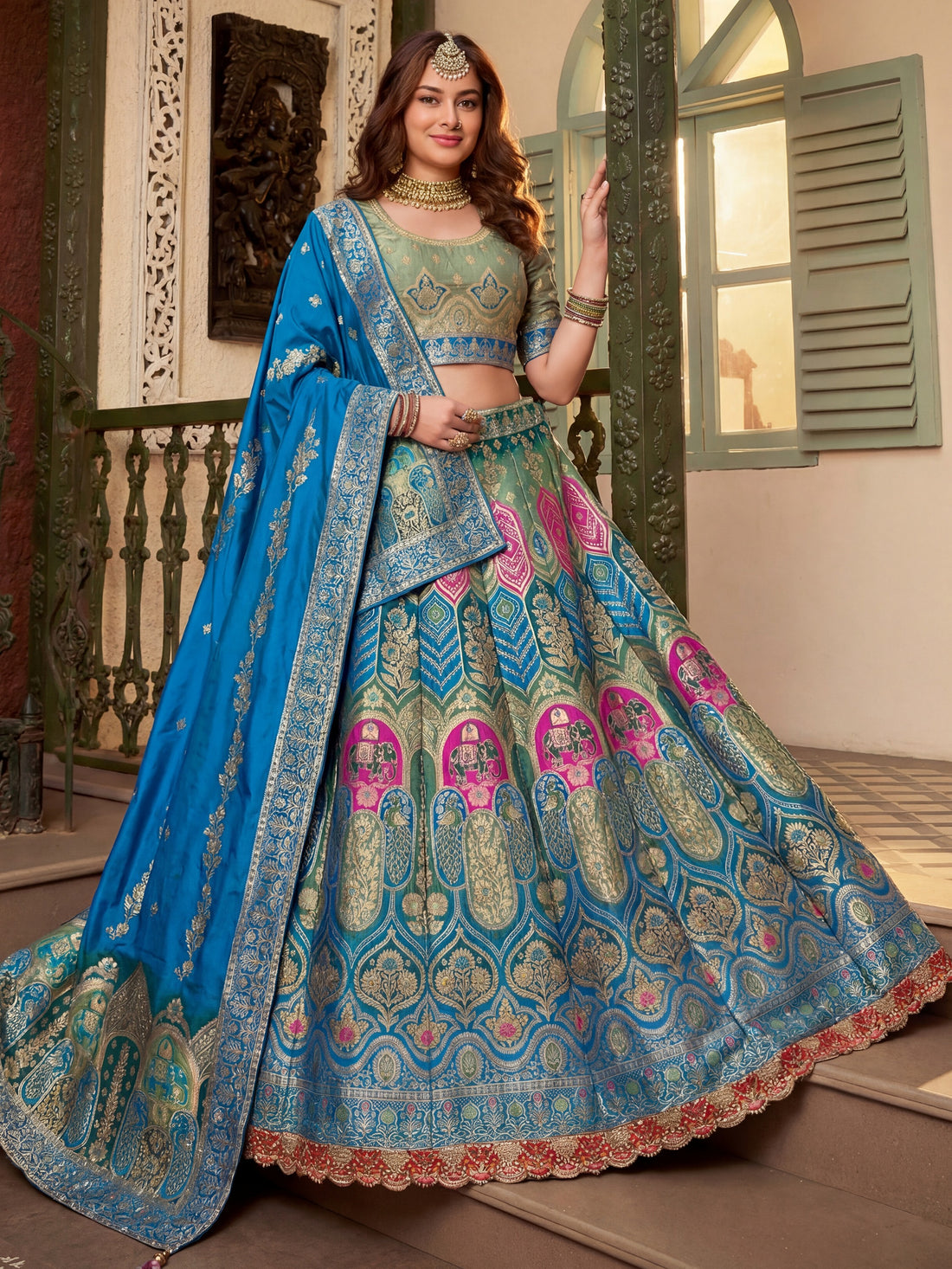 Stunning Blue Zari Weaving Banarasi Silk Engagement Wear Lehenga Choli