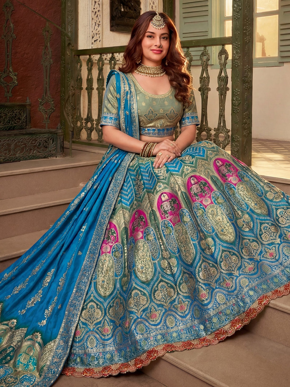 Stunning Blue Zari Weaving Banarasi Silk Engagement Wear Lehenga Choli