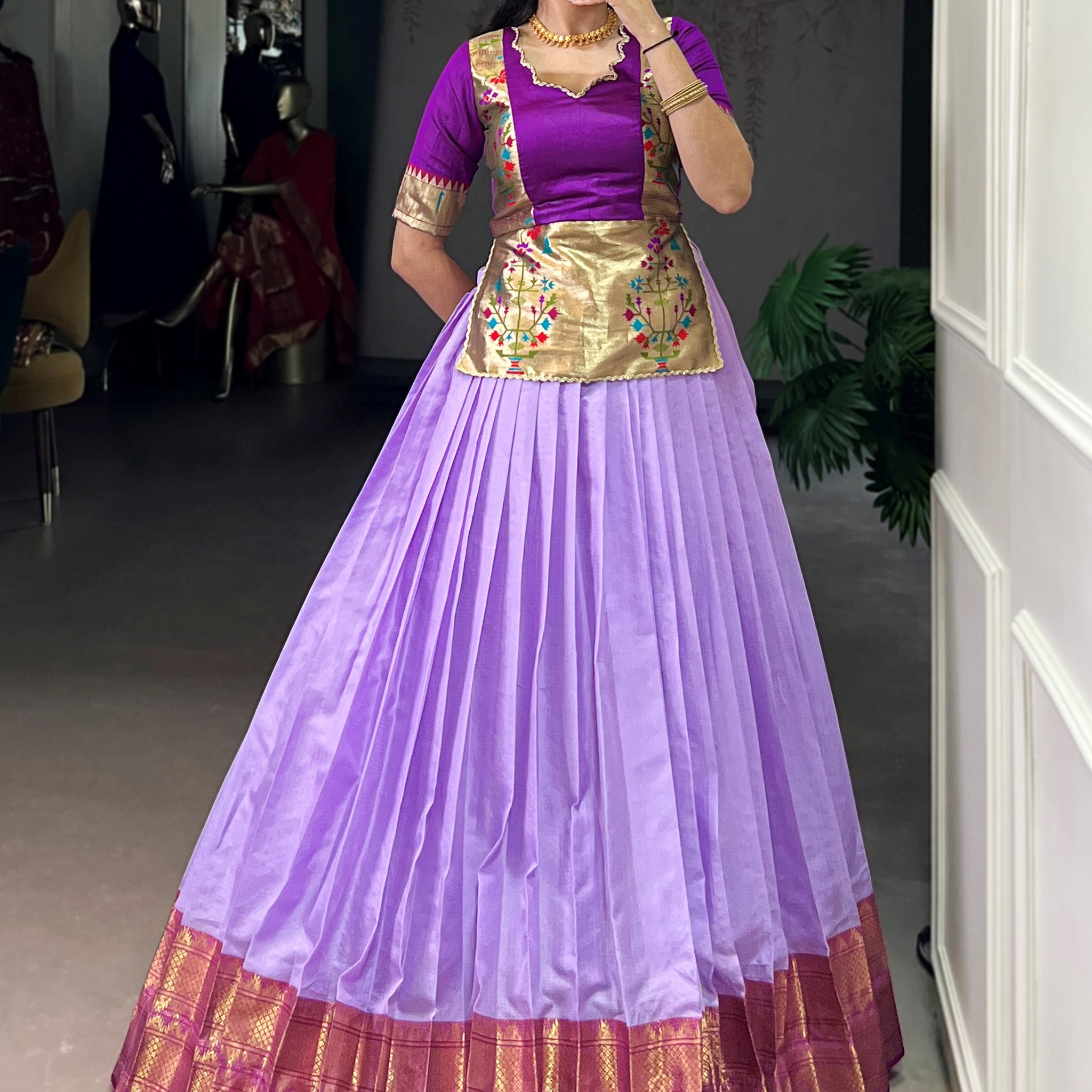 Impressive Lavender Zari Weaving Tussar Silk Function Wear Crop Top Lehenga