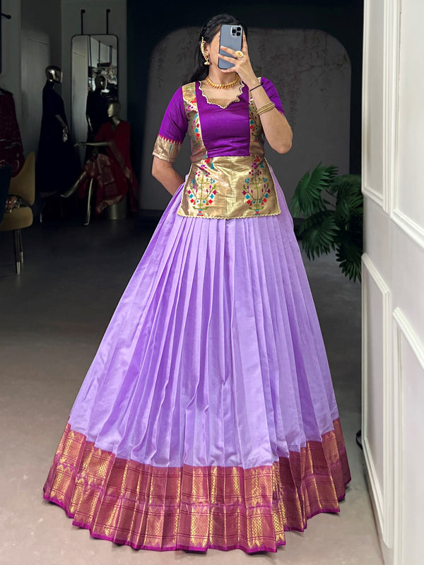 Impressive Lavender Zari Weaving Tussar Silk Function Wear Crop Top Lehenga