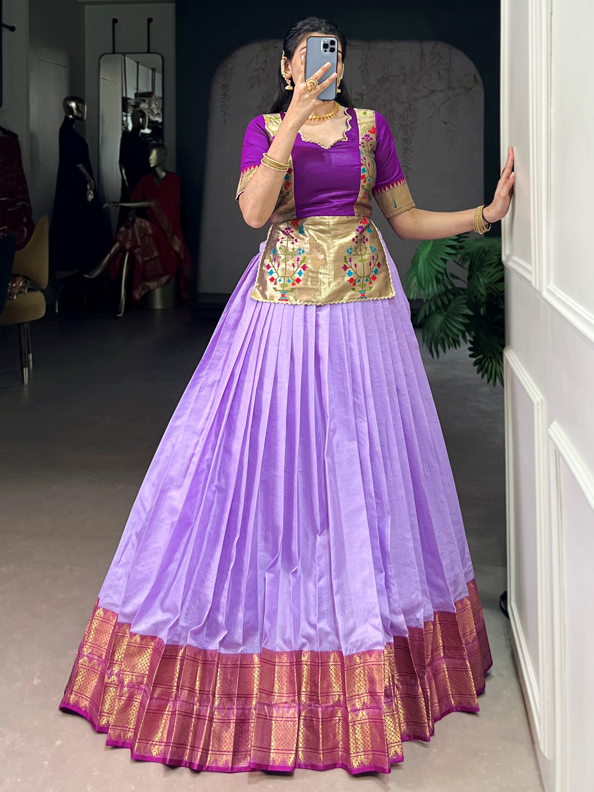 Impressive Lavender Zari Weaving Tussar Silk Function Wear Crop Top Lehenga