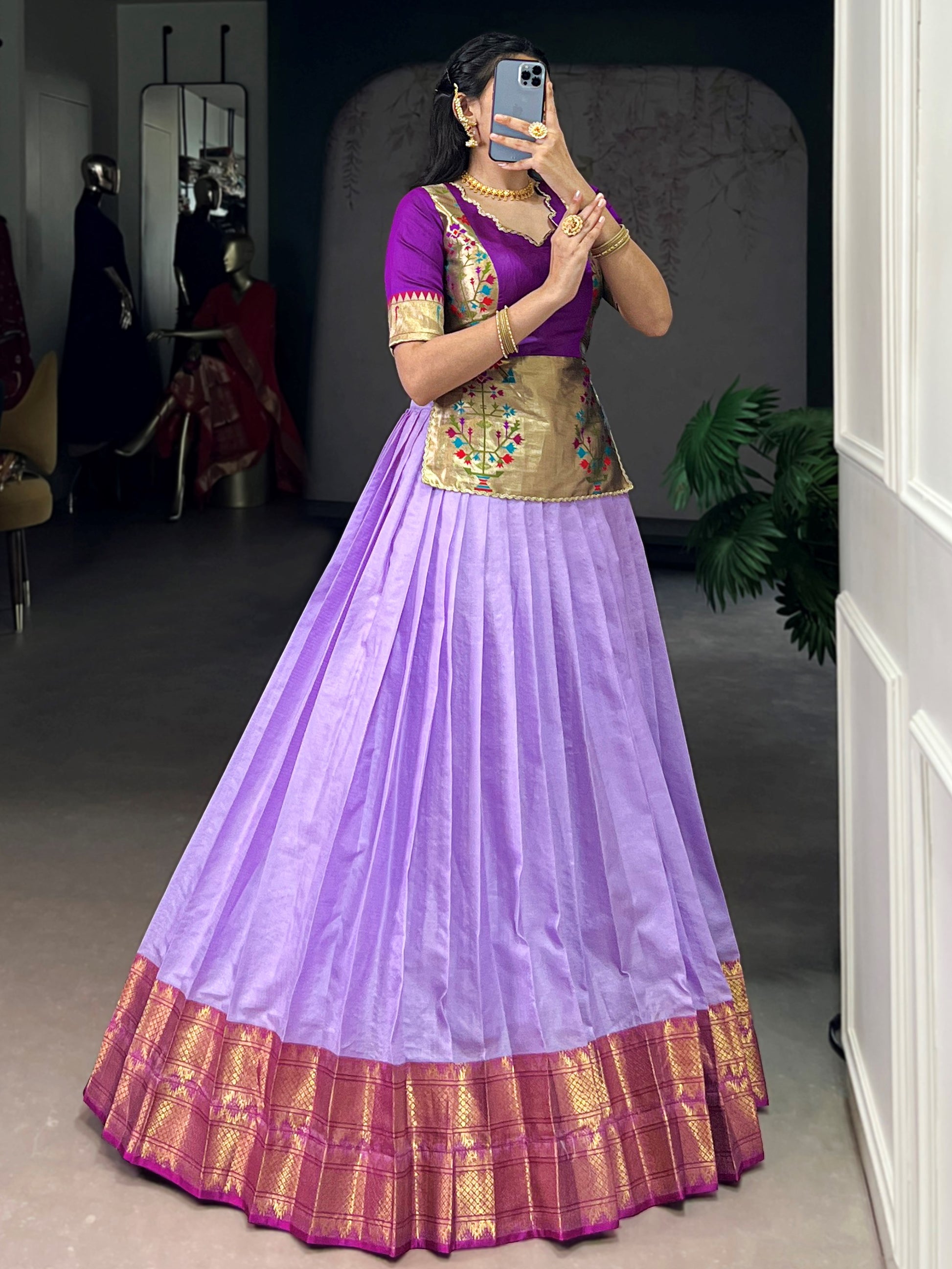 Impressive Lavender Zari Weaving Tussar Silk Function Wear Crop Top Lehenga