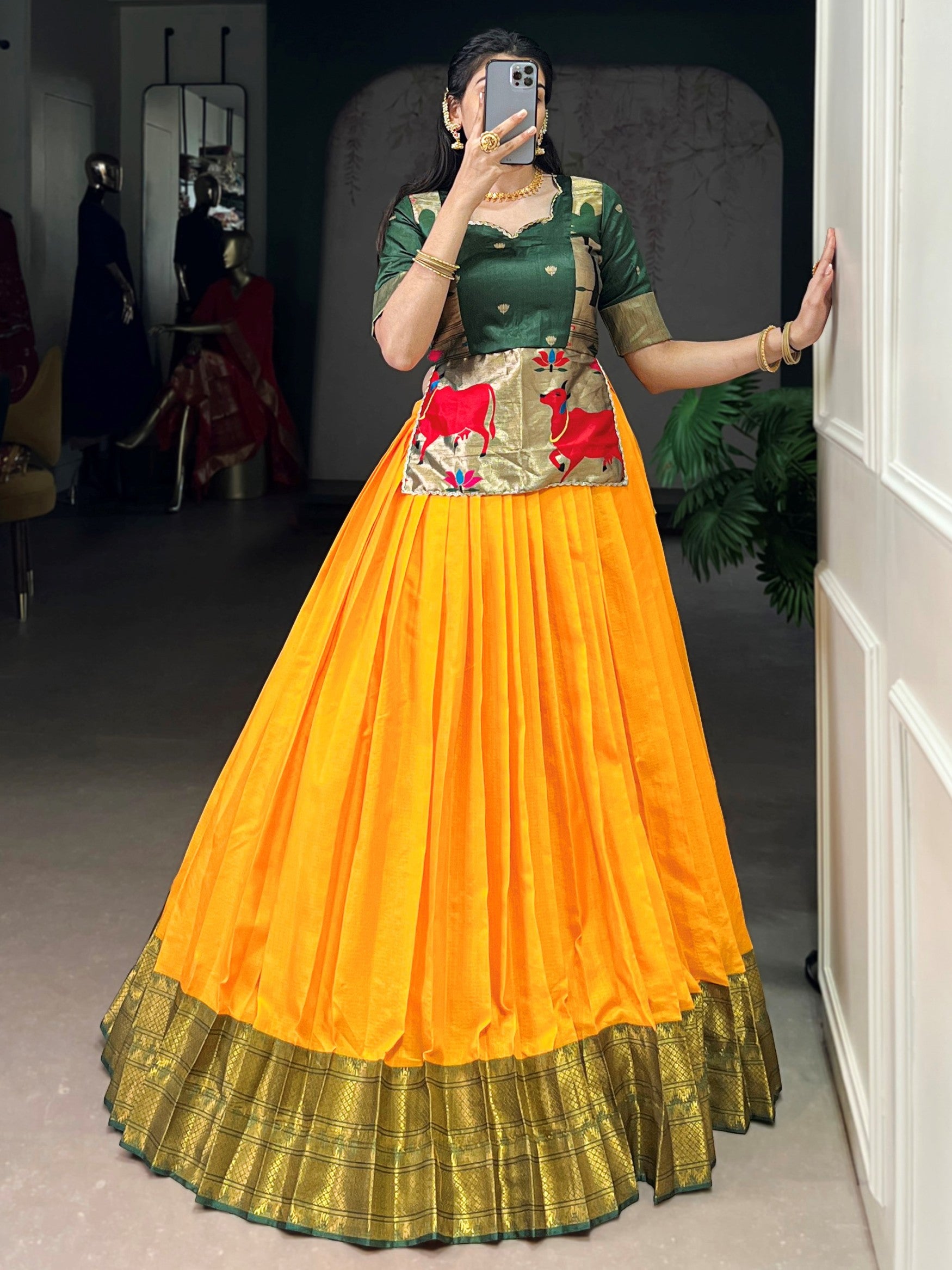 Rich Mustard Yellow Zari Weaving Tussar Silk Haldi Wear Crop Top Lehenga