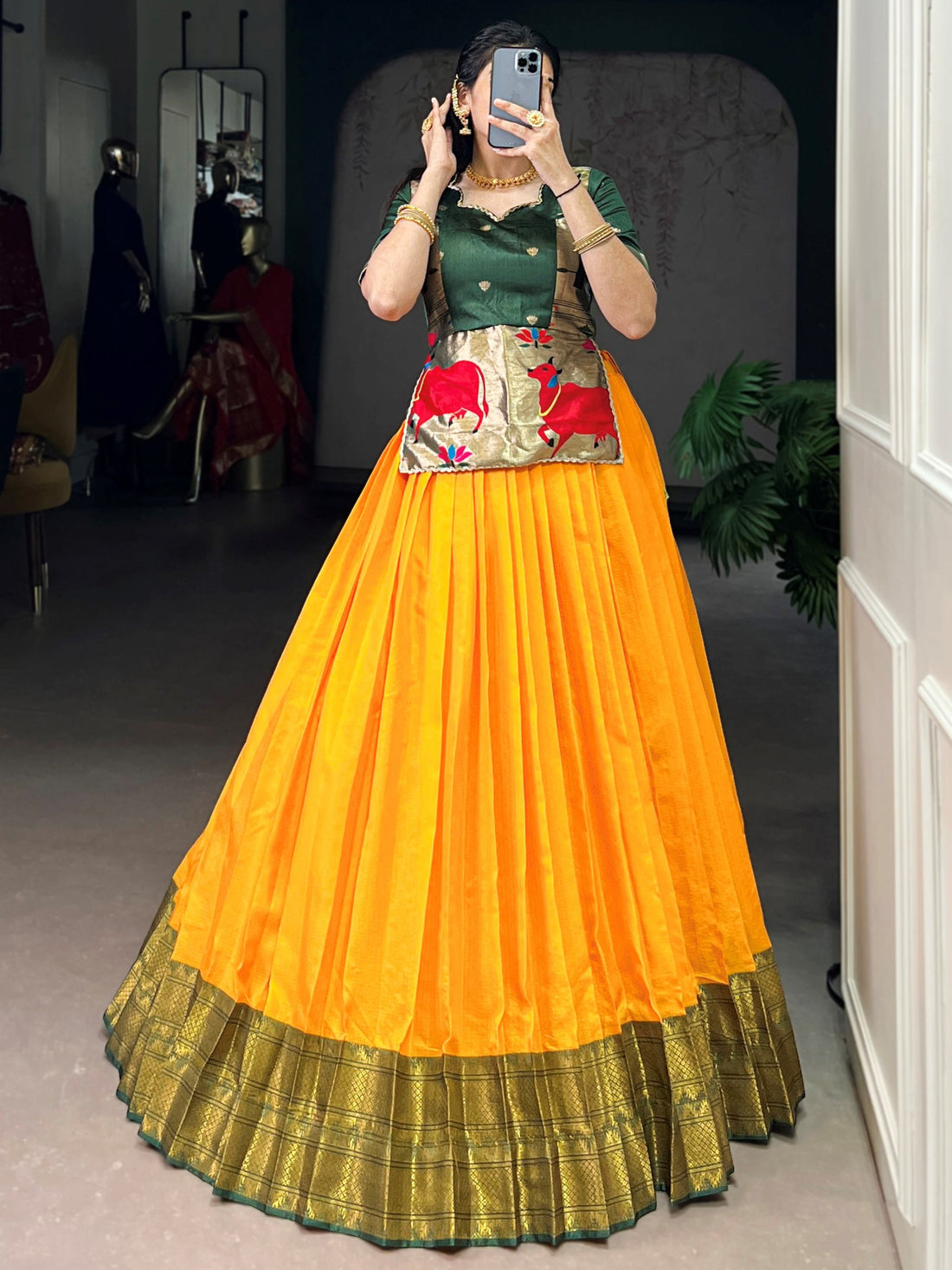 Rich Mustard Yellow Zari Weaving Tussar Silk Haldi Wear Crop Top Lehenga