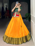 Rich Mustard Yellow Zari Weaving Tussar Silk Haldi Wear Crop Top Lehenga