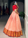 Gorgeous Peach Zari Weaving Tussar Silk Festive Wear Crop Top Lehenga