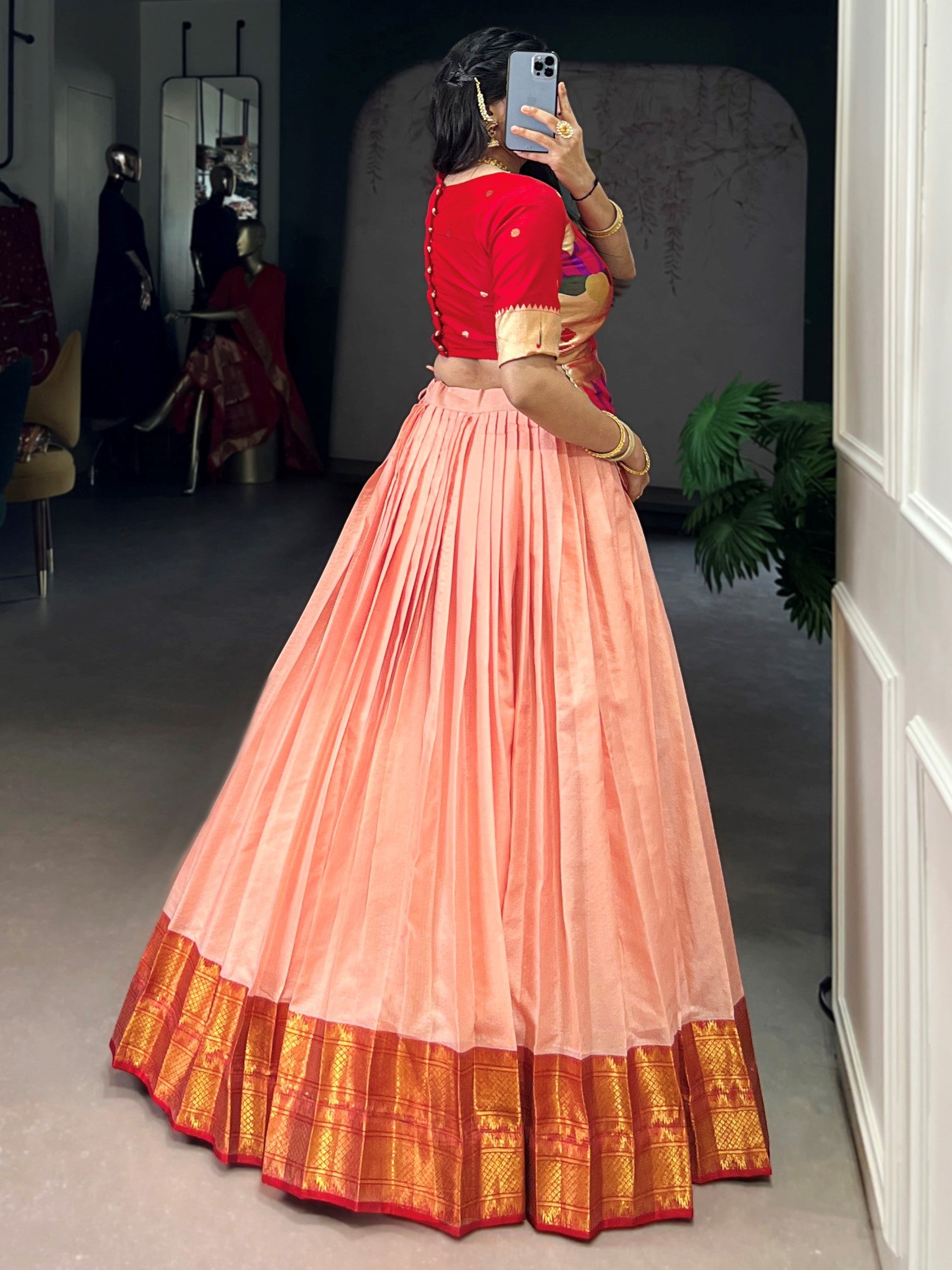 Gorgeous Peach Zari Weaving Tussar Silk Festive Wear Crop Top Lehenga
