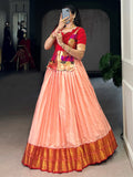 Gorgeous Peach Zari Weaving Tussar Silk Festive Wear Crop Top Lehenga