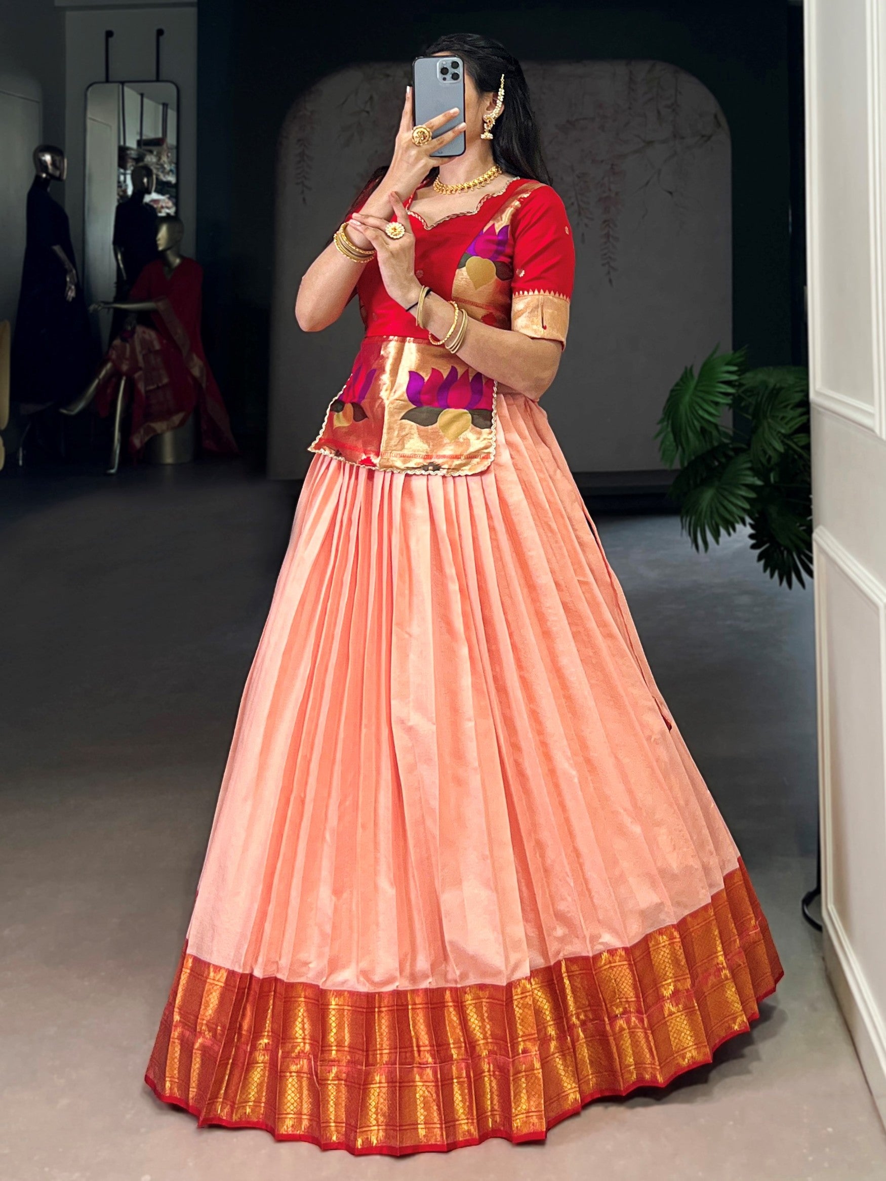Gorgeous Peach Zari Weaving Tussar Silk Festive Wear Crop Top Lehenga