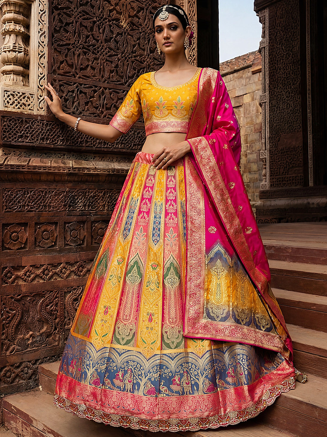 Bewitching Yellow Zari Weaving Banarasi Silk Reception Wear Lehenga Choli