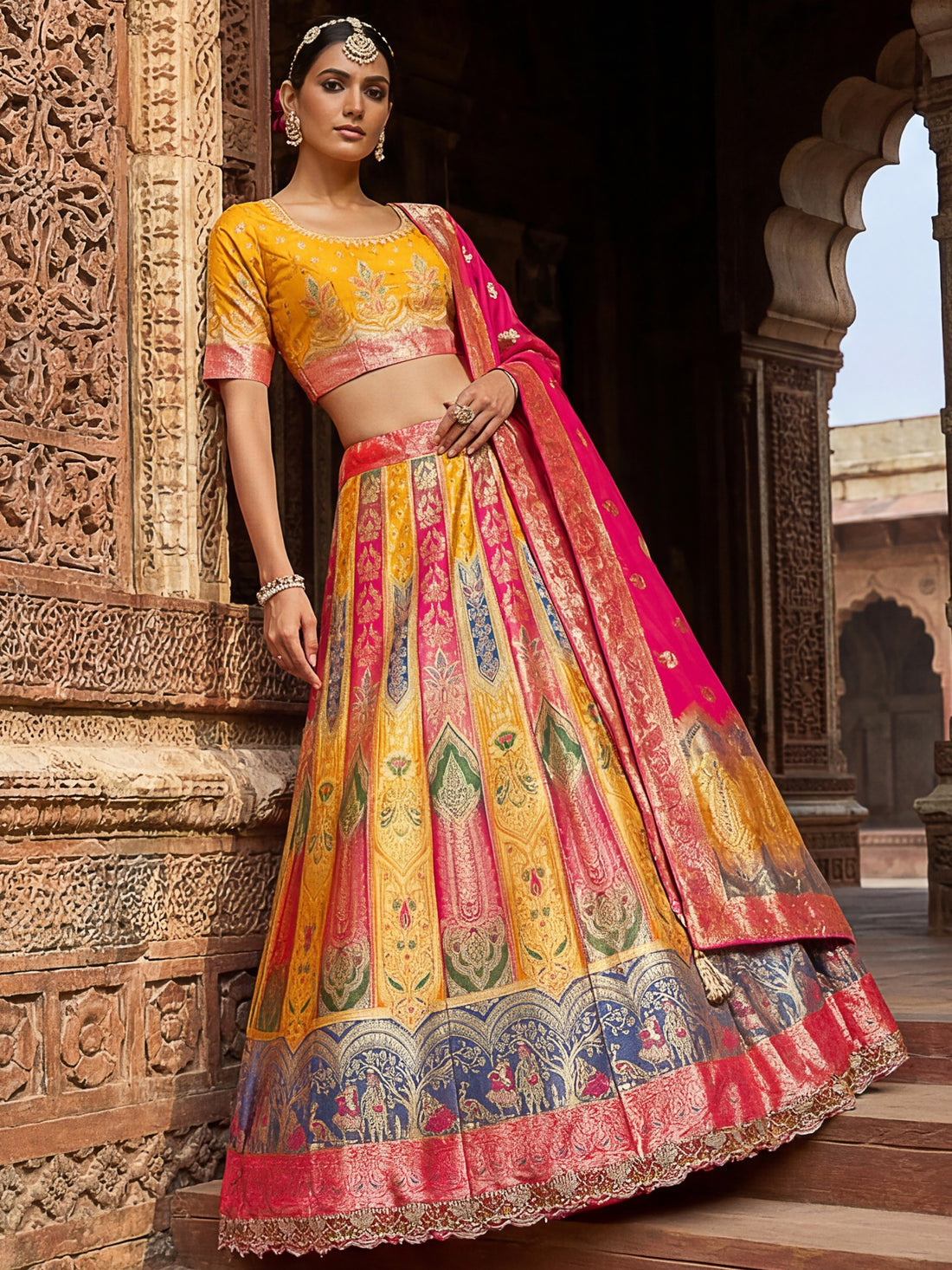 Bewitching Yellow Zari Weaving Banarasi Silk Reception Wear Lehenga Choli