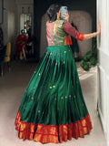 Glorious Green Zari Weaving Cotton Mehendi Wear Crop Top Lehenga With Jacket