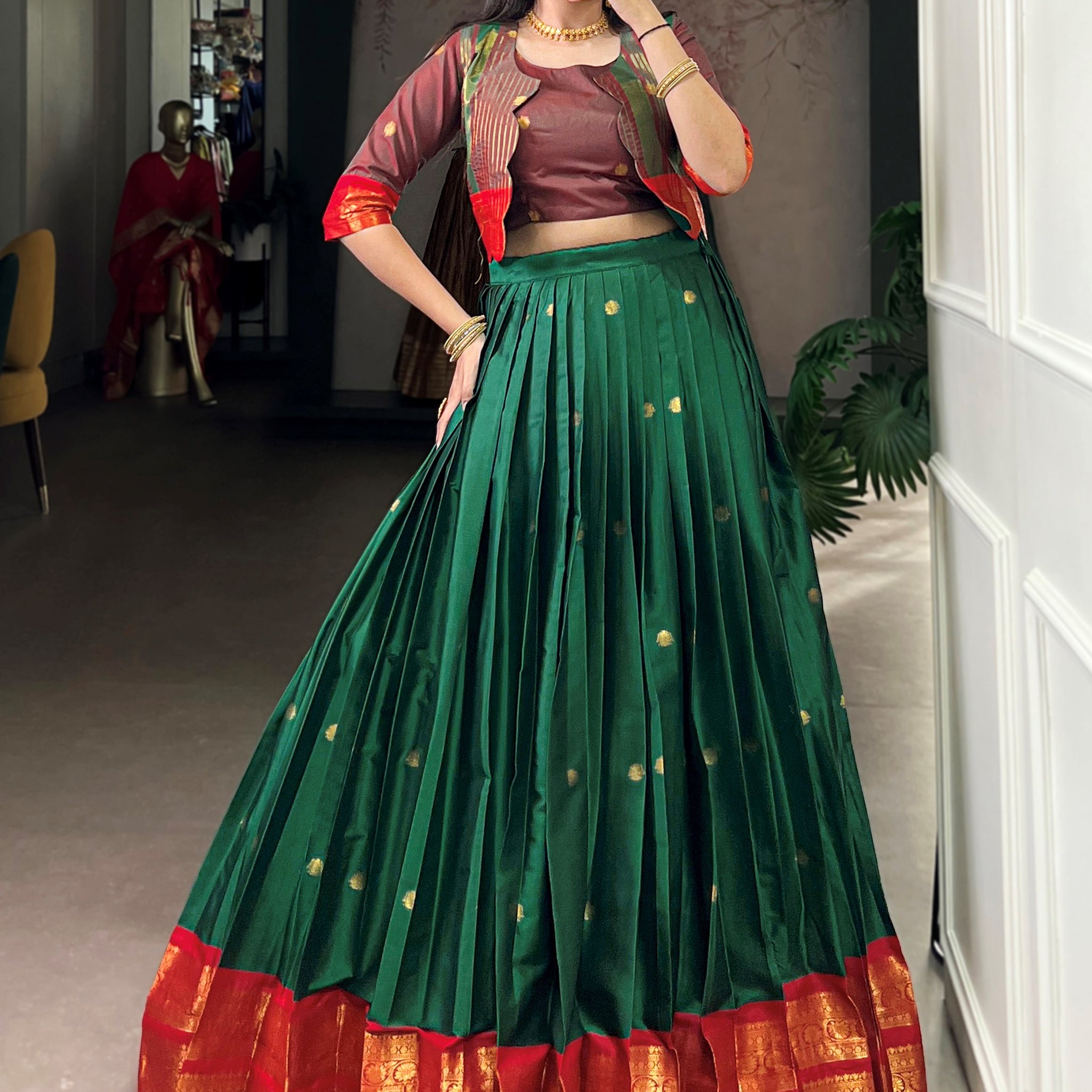 Glorious Green Zari Weaving Cotton Mehendi Wear Crop Top Lehenga With Jacket