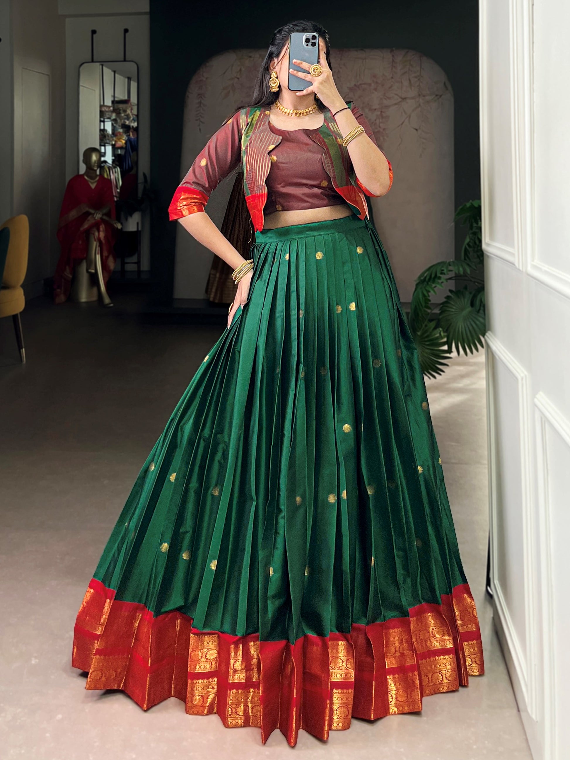 Glorious Green Zari Weaving Cotton Mehendi Wear Crop Top Lehenga With Jacket
