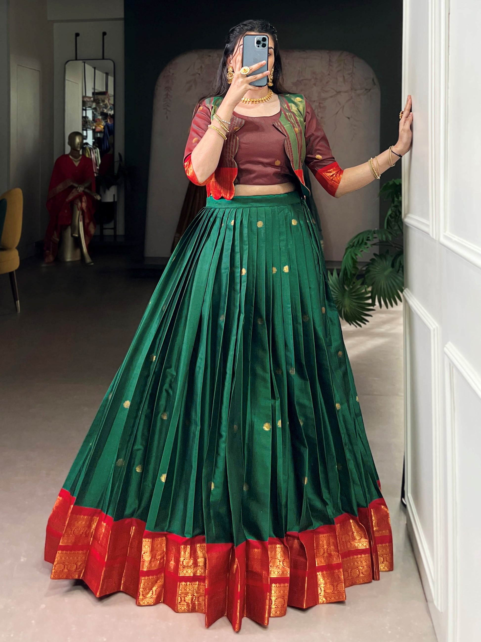 Glorious Green Zari Weaving Cotton Mehendi Wear Crop Top Lehenga With Jacket