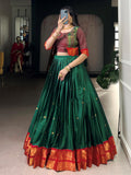 Glorious Green Zari Weaving Cotton Mehendi Wear Crop Top Lehenga With Jacket