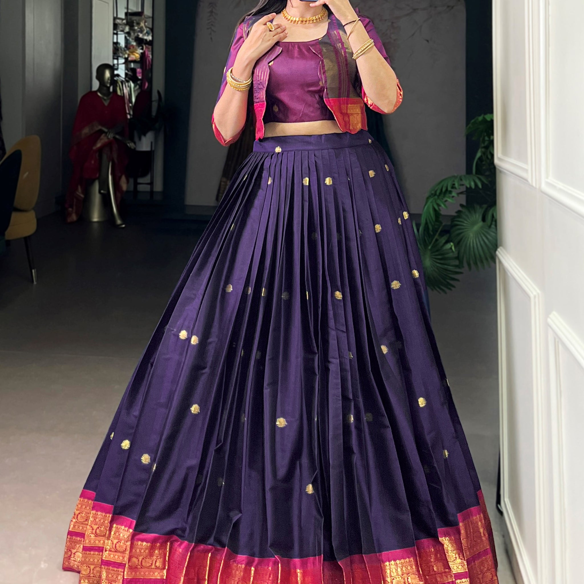 Stylish Navy Blue Zari Weaving Cotton Festive Wear Crop Top Lehenga With Jacket