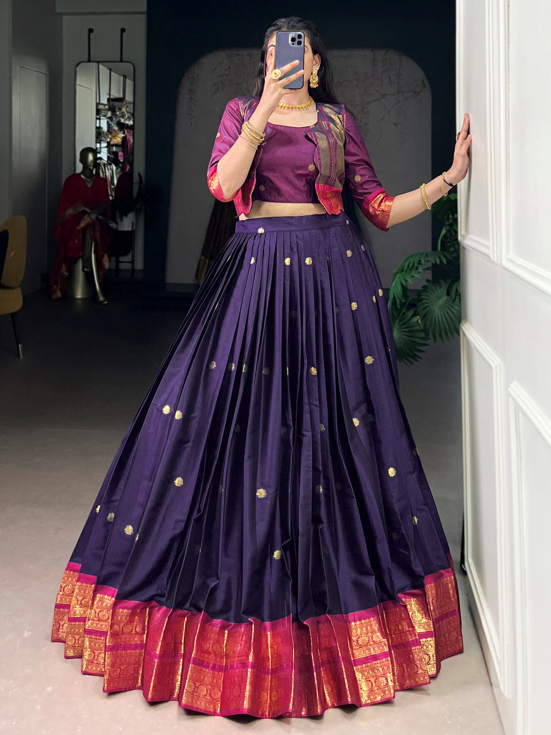 Stylish Navy Blue Zari Weaving Cotton Festive Wear Crop Top Lehenga With Jacket
