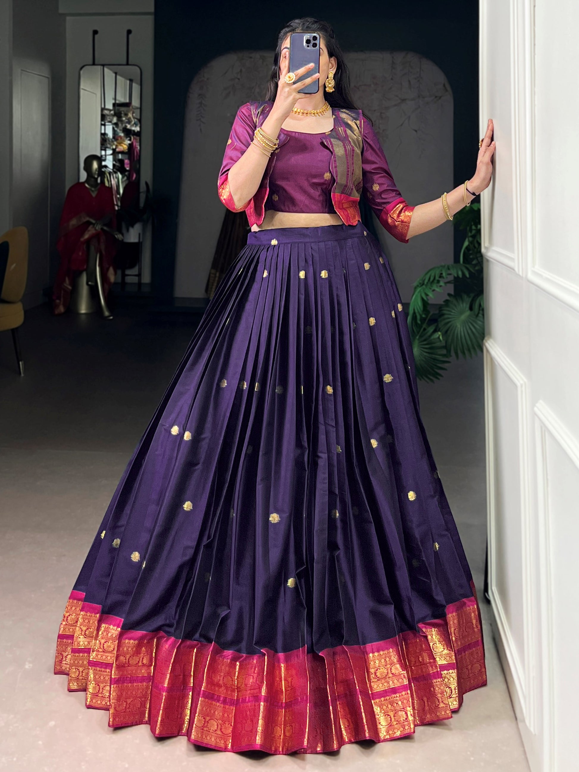 Stylish Navy Blue Zari Weaving Cotton Festive Wear Crop Top Lehenga With Jacket