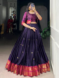 Stylish Navy Blue Zari Weaving Cotton Festive Wear Crop Top Lehenga With Jacket