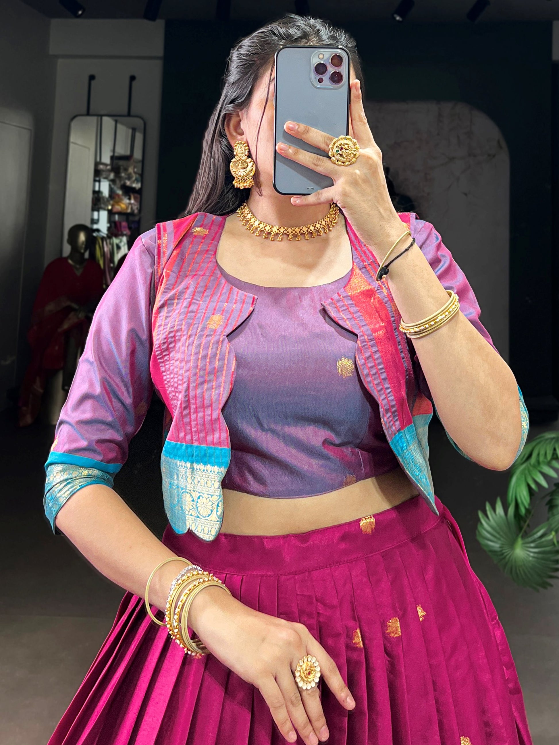 Timeless Rani Pink Zari Weaving Cotton Wedding Wear Crop Top Lehenga With Jacket