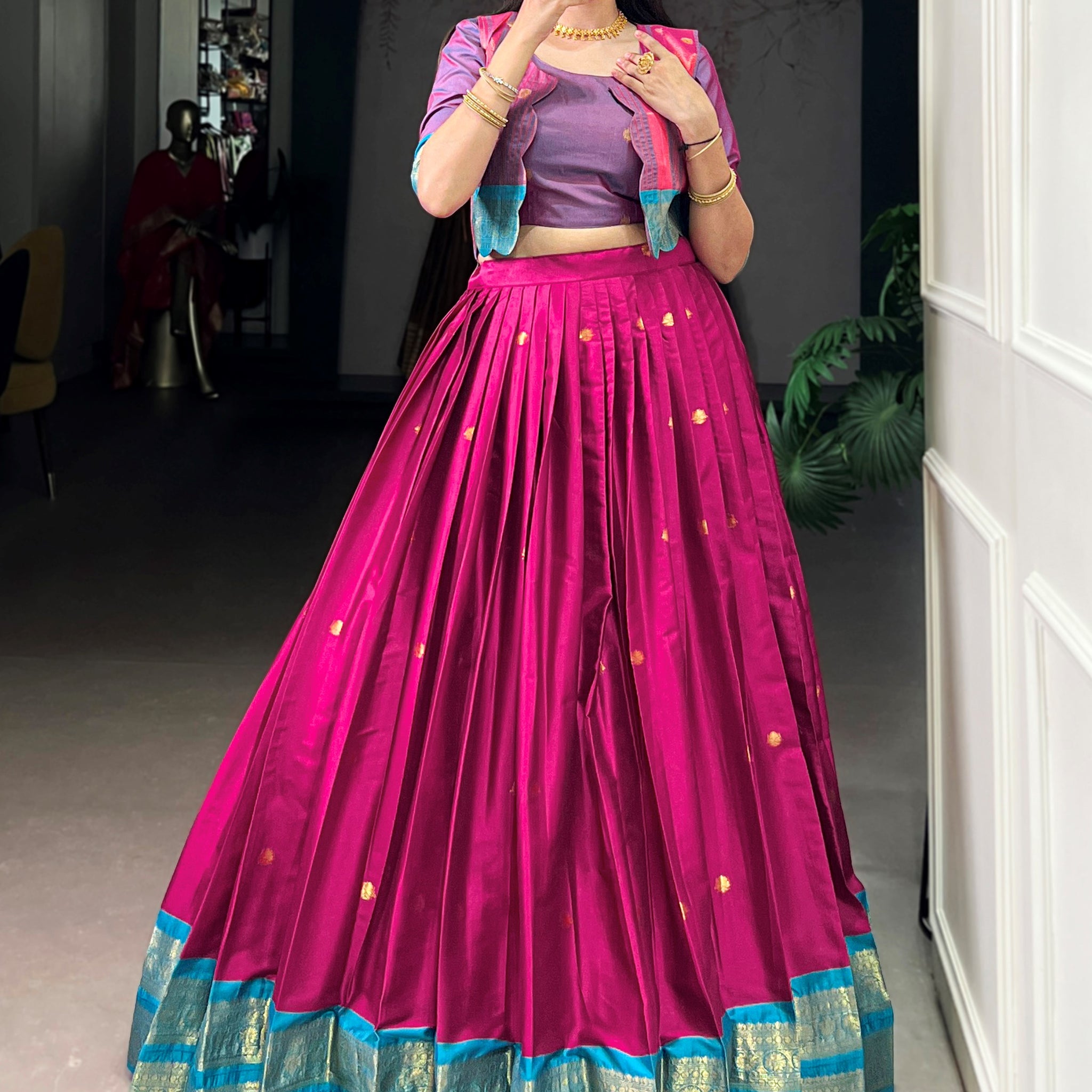 Timeless Rani Pink Zari Weaving Cotton Wedding Wear Crop Top Lehenga With Jacket