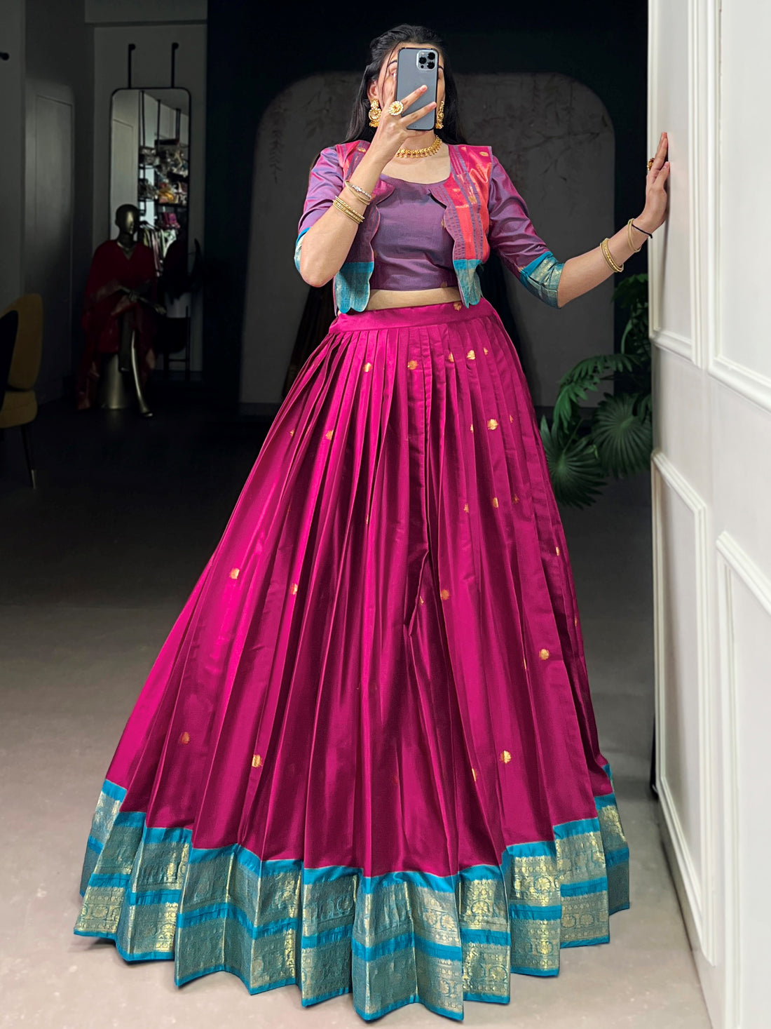 Timeless Rani Pink Zari Weaving Cotton Wedding Wear Crop Top Lehenga With Jacket