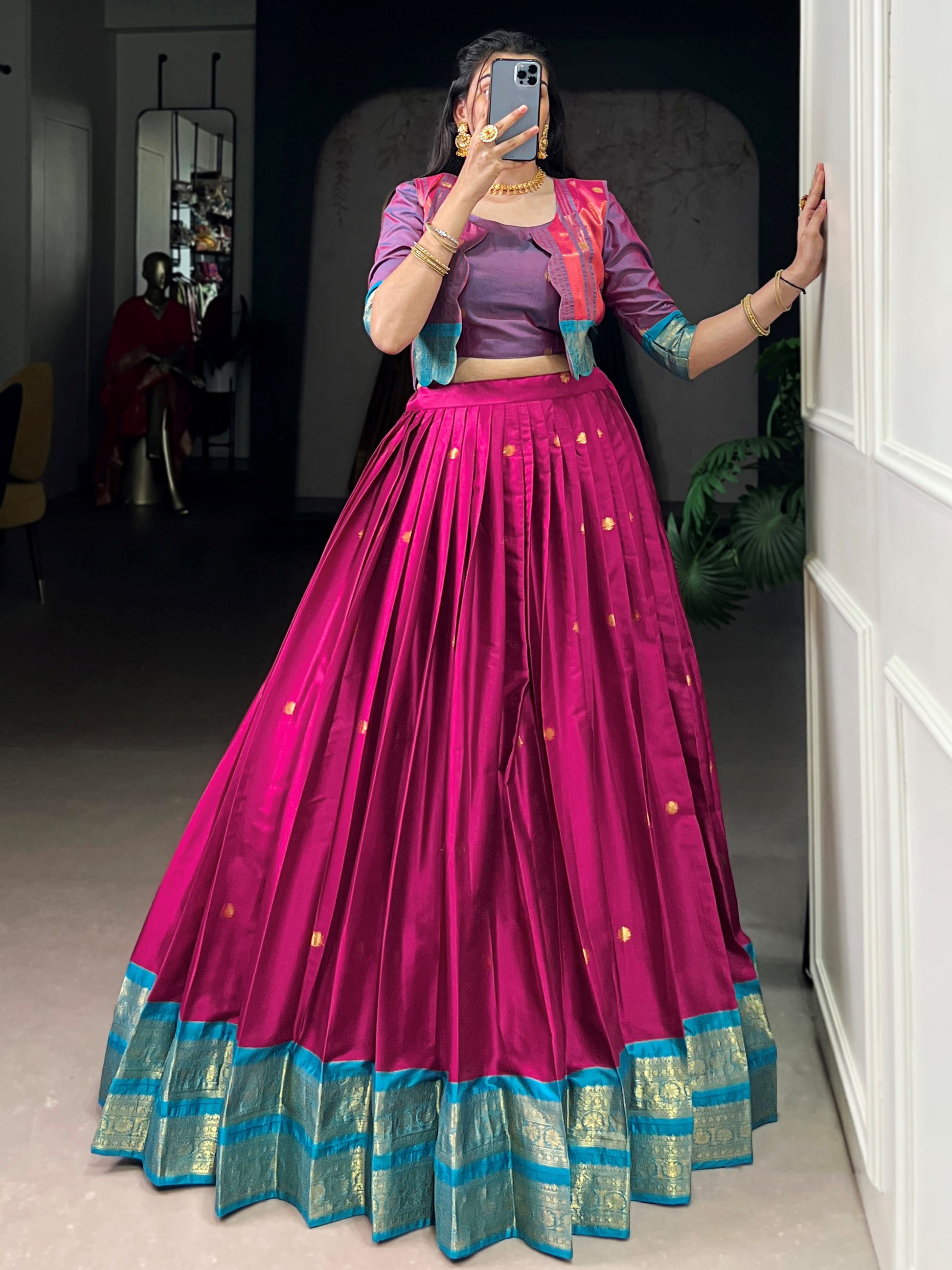 Timeless Rani Pink Zari Weaving Cotton Wedding Wear Crop Top Lehenga With Jacket