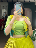 Dazzling Olive Green Zari Weaving Cotton Evening Wear Crop Top Lehenga With Jacket
