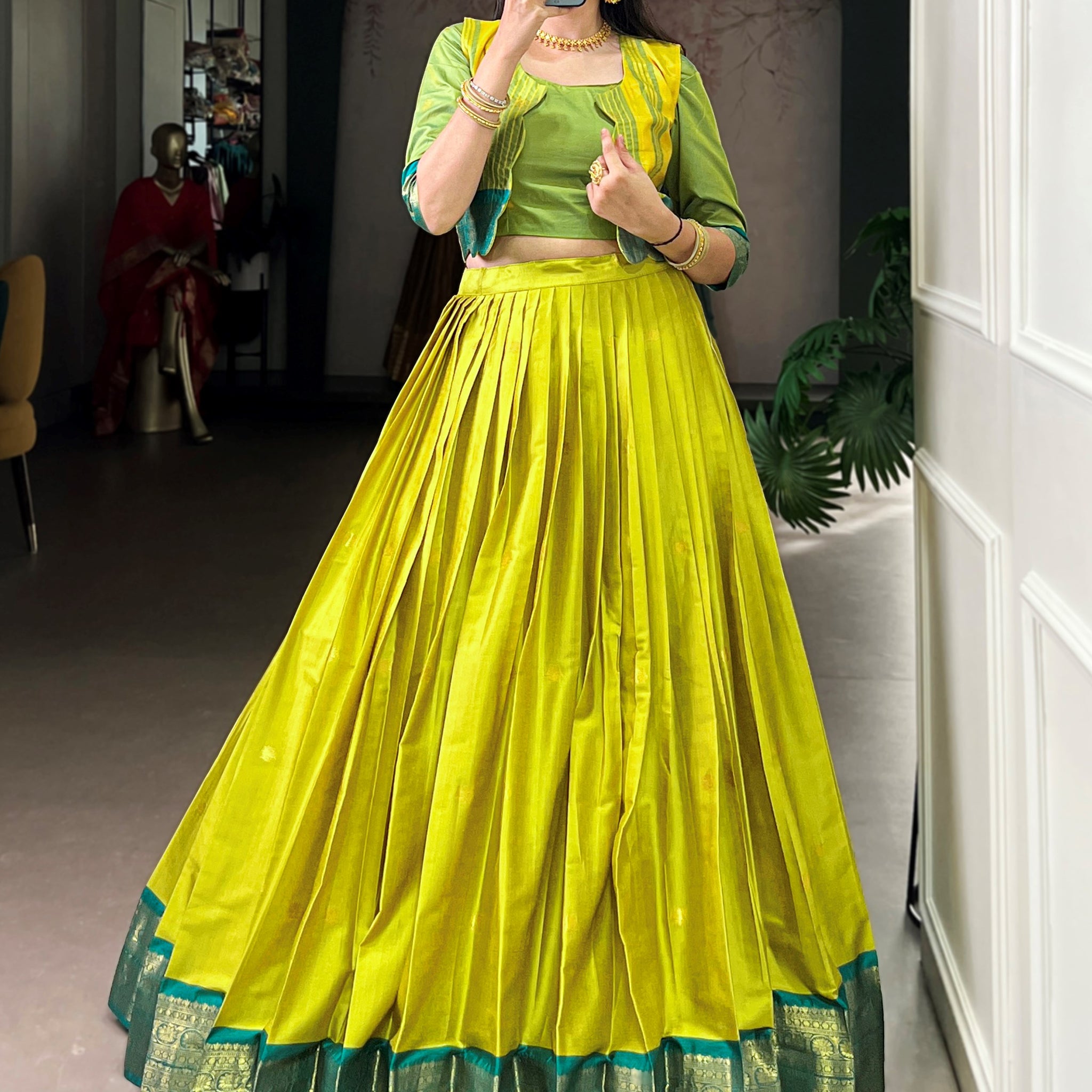 Dazzling Olive Green Zari Weaving Cotton Evening Wear Crop Top Lehenga With Jacket