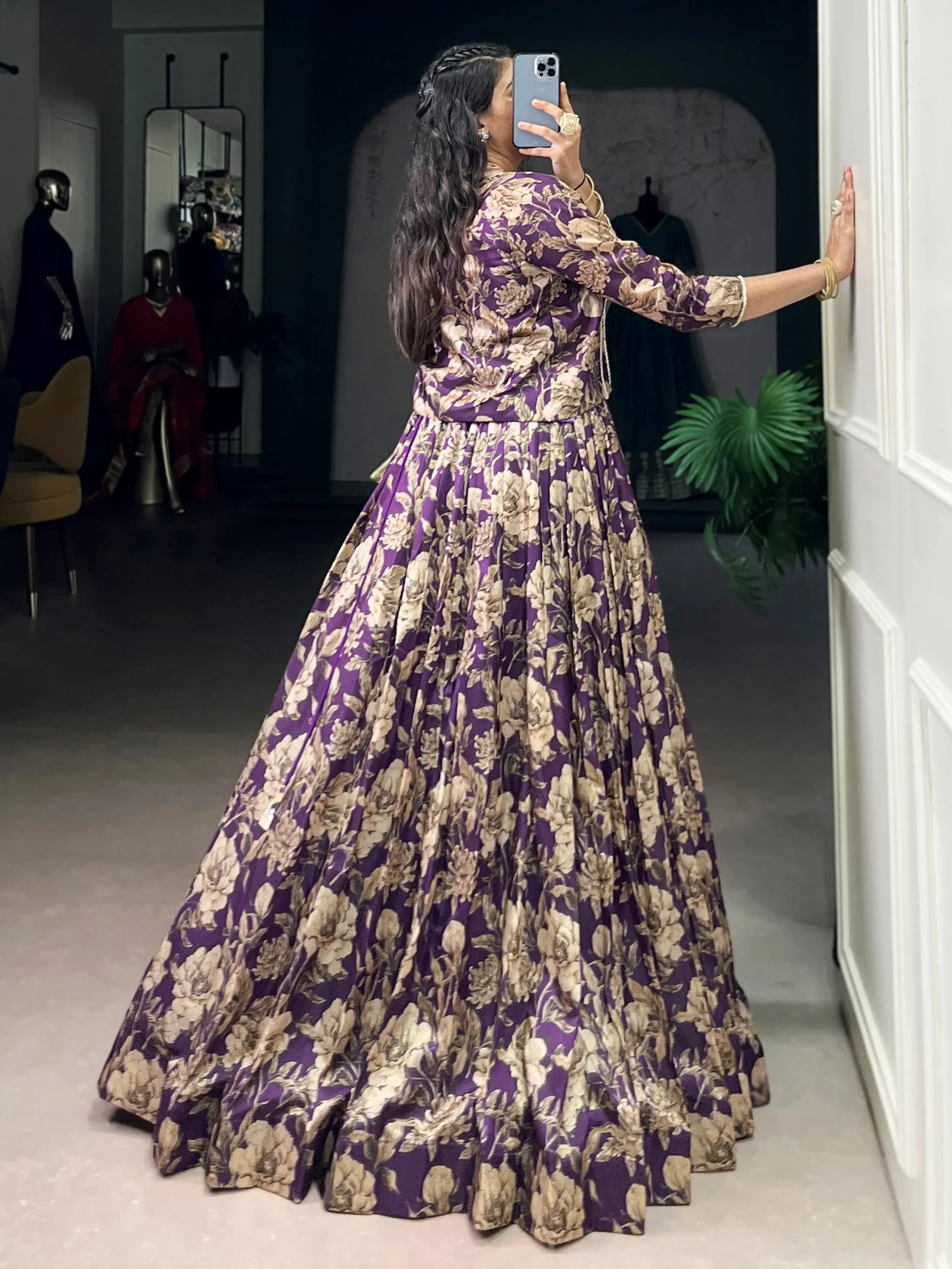 Lovely Purple Floral Printed Tussar Silk Event Wear Crop Top Lehenga With Koti