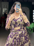 Lovely Purple Floral Printed Tussar Silk Event Wear Crop Top Lehenga With Koti