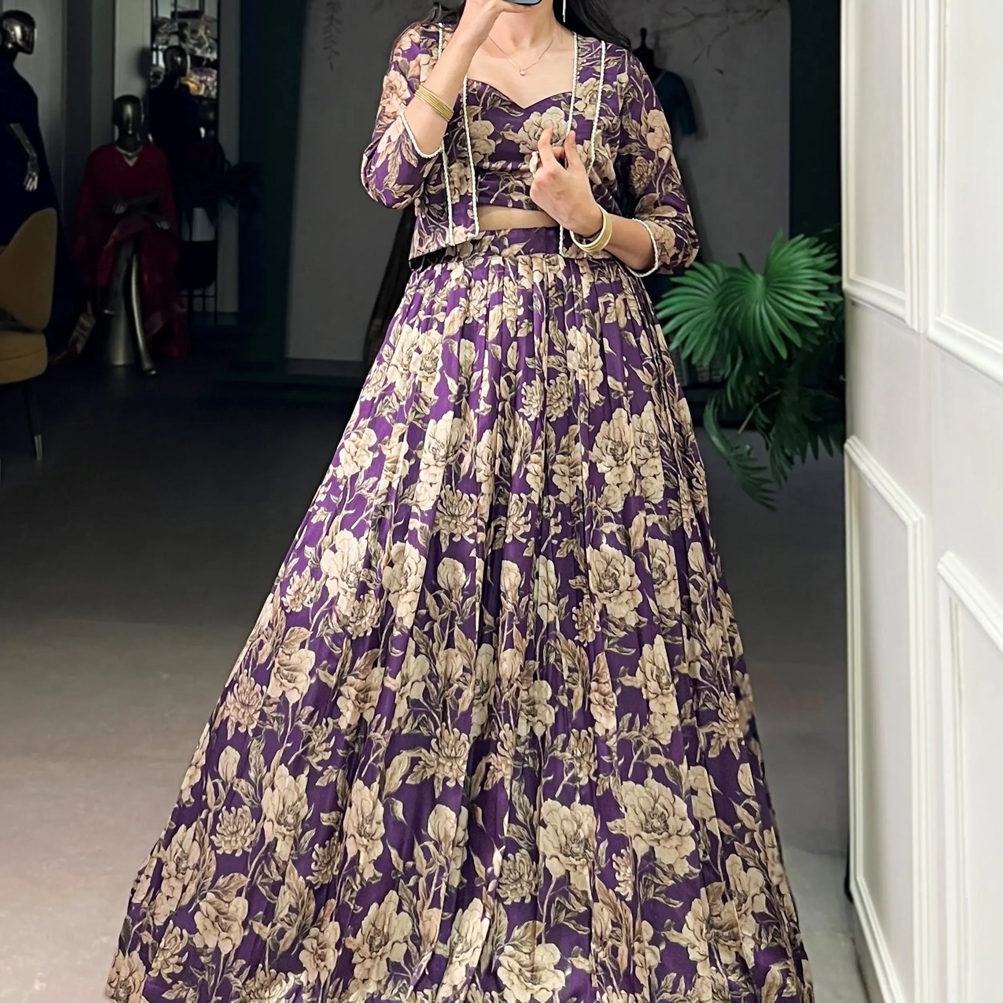 Lovely Purple Floral Printed Tussar Silk Event Wear Crop Top Lehenga With Koti