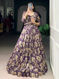 Lovely Purple Floral Printed Tussar Silk Event Wear Crop Top Lehenga With Koti