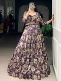 Lovely Purple Floral Printed Tussar Silk Event Wear Crop Top Lehenga With Koti