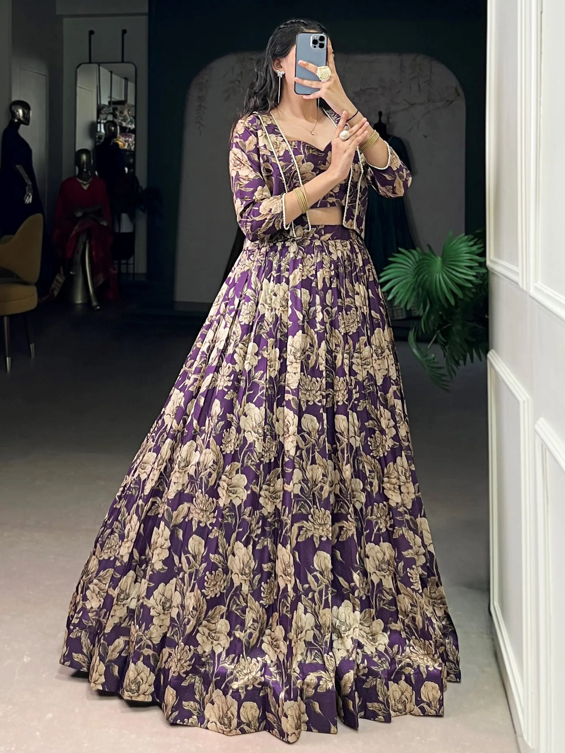 Lovely Purple Floral Printed Tussar Silk Event Wear Crop Top Lehenga With Koti