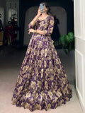 Lovely Purple Floral Printed Tussar Silk Event Wear Crop Top Lehenga With Koti