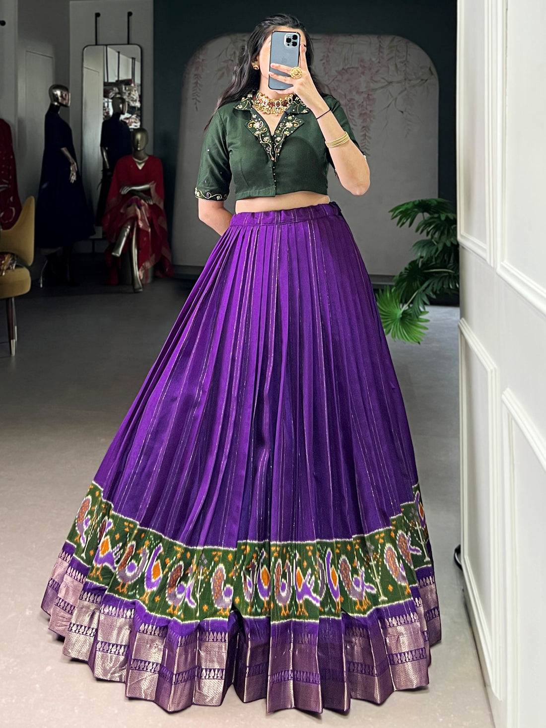 Bewitching Purple Printed Cotton Event Wear Crop Top Lehenga