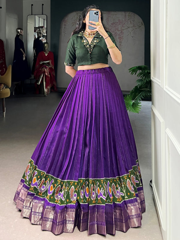 Bewitching Purple Printed Cotton Event Wear Crop Top Lehenga