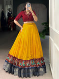 Charming Yellow Zari Weaving Cotton Traditional Crop Top Lehenga