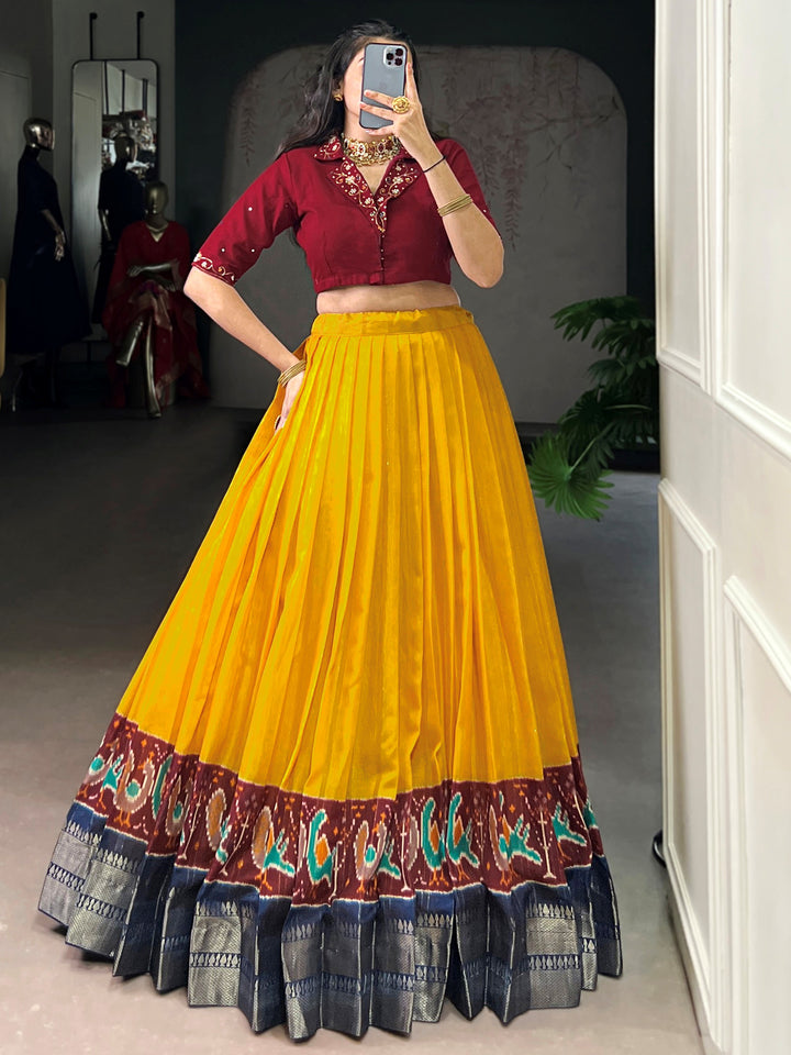 Charming Yellow Zari Weaving Cotton Traditional Crop Top Lehenga