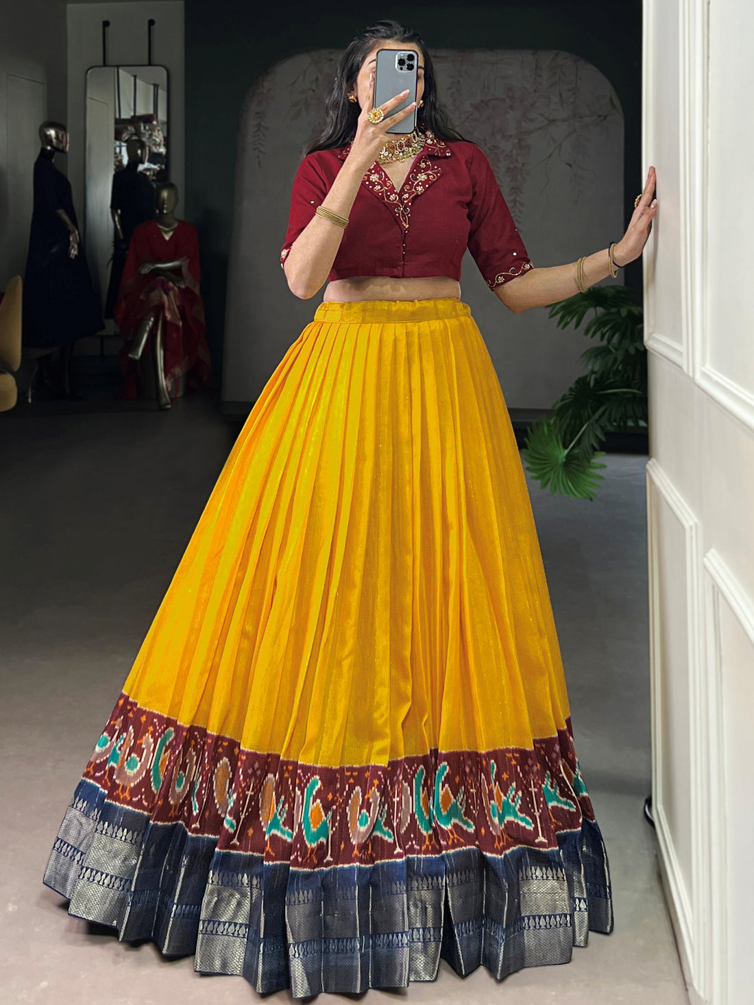 Charming Yellow Zari Weaving Cotton Traditional Crop Top Lehenga