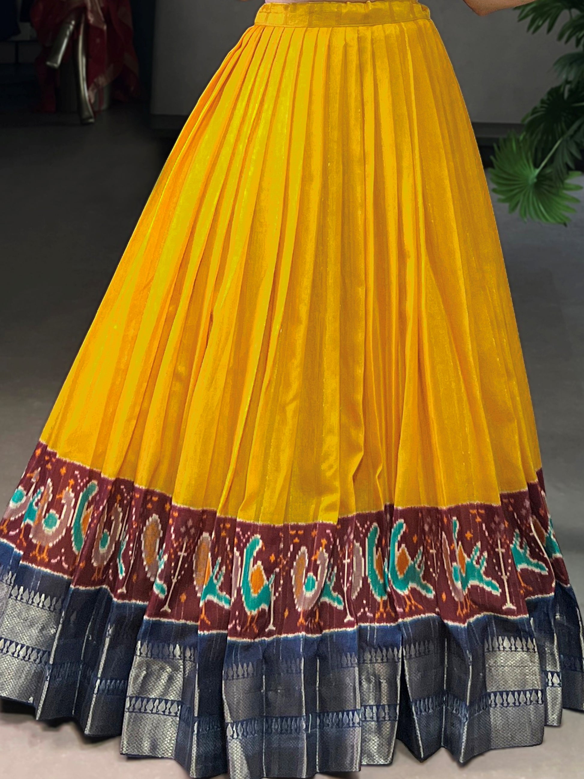 Charming Yellow Zari Weaving Cotton Traditional Crop Top Lehenga