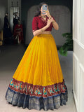 Charming Yellow Zari Weaving Cotton Traditional Crop Top Lehenga