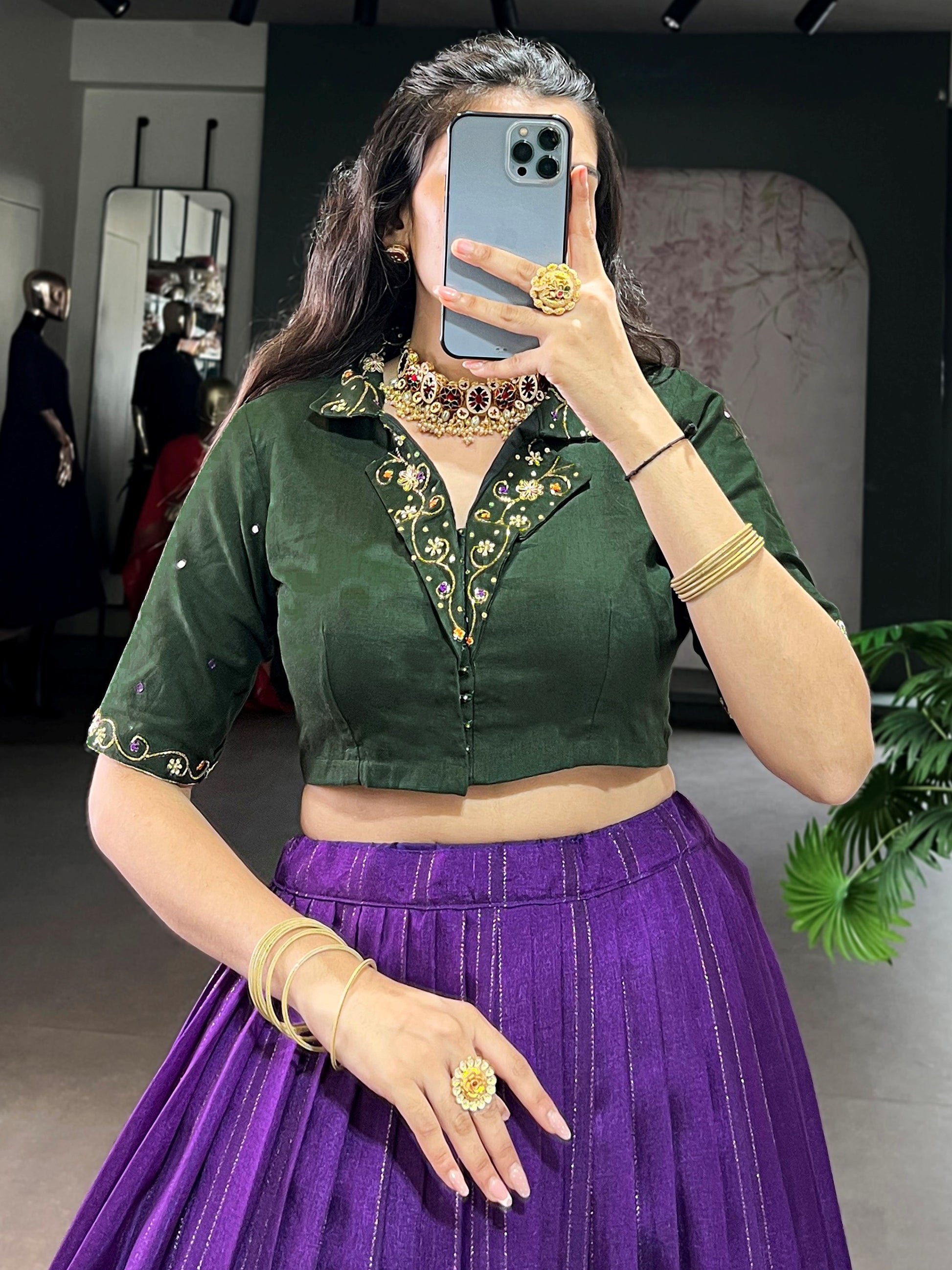 Bewitching Purple Printed Cotton Event Wear Crop Top Lehenga