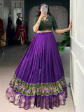 Bewitching Purple Printed Cotton Event Wear Crop Top Lehenga