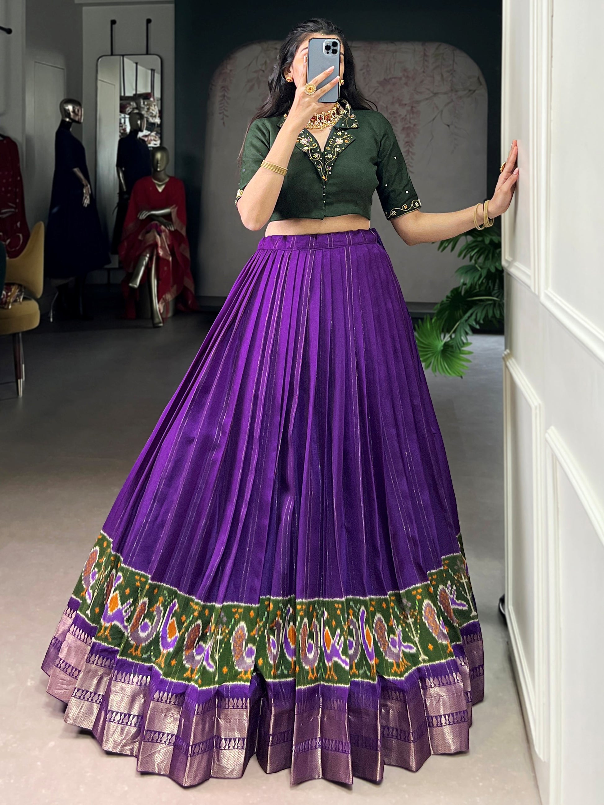 Bewitching Purple Printed Cotton Event Wear Crop Top Lehenga