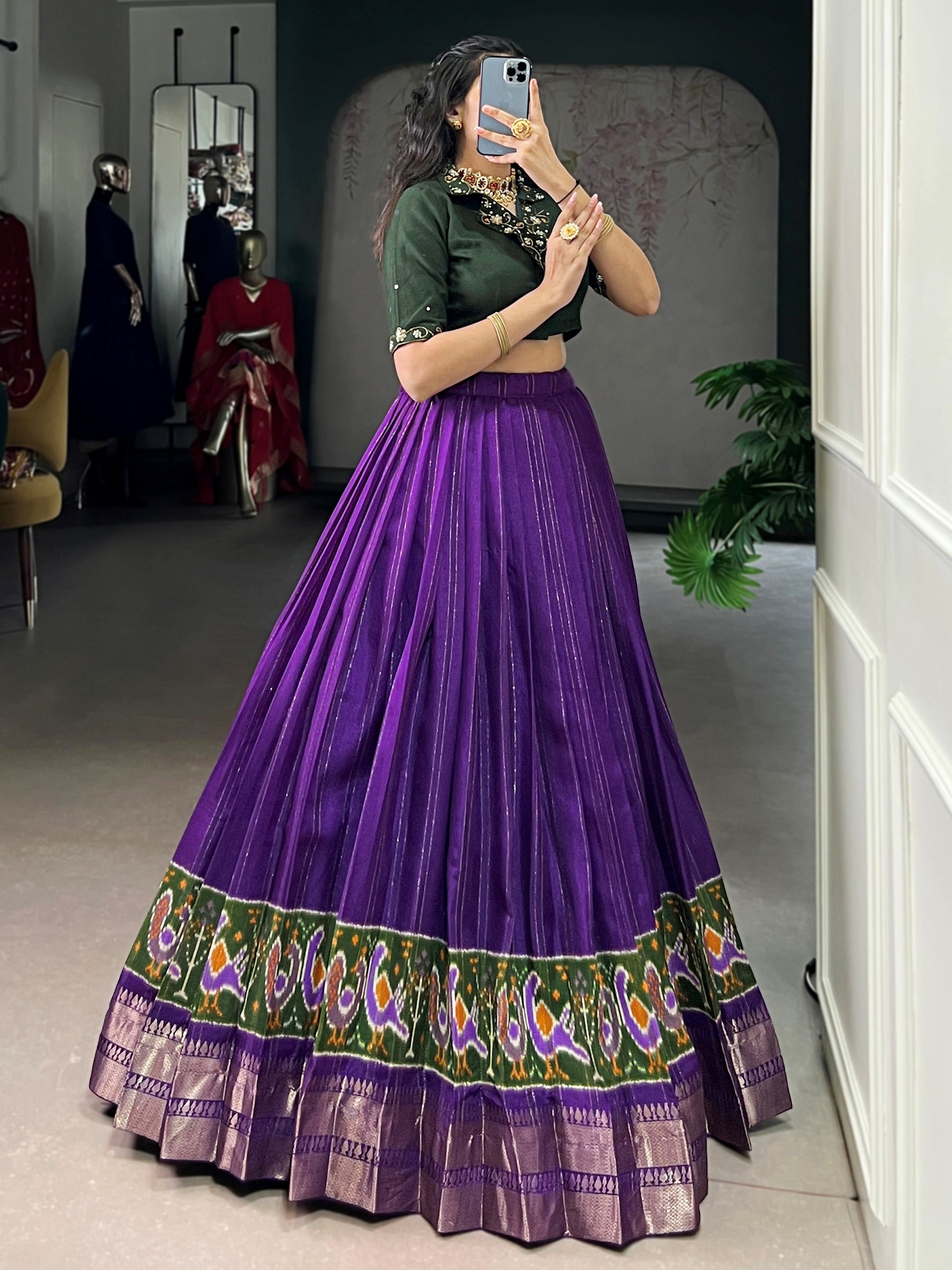 Bewitching Purple Printed Cotton Event Wear Crop Top Lehenga